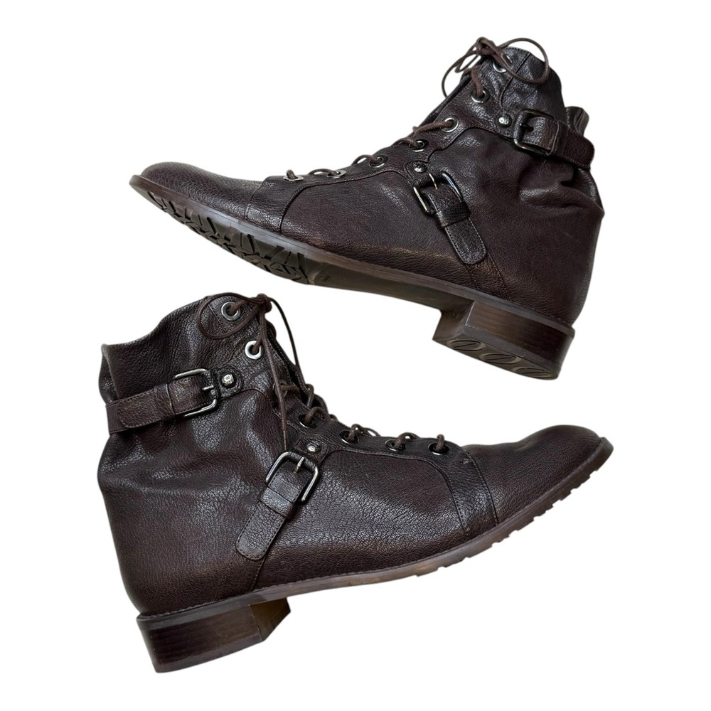 STUART WEITZMAN Motorcycle Combat Boot Bootie Brown Leather Buckles 9.5
